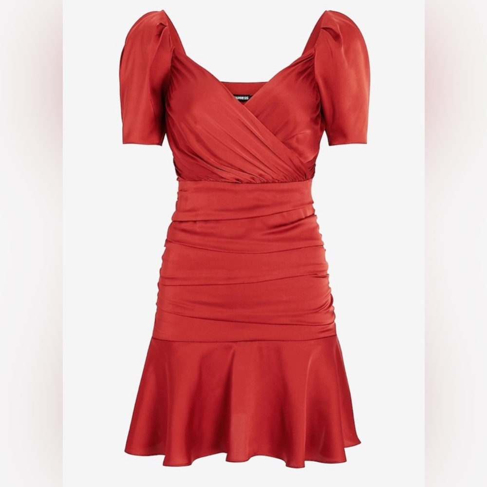 NWT Express Satin Ruched Mini Dress in Rust/Burnt Orange with Ruffle Hem
